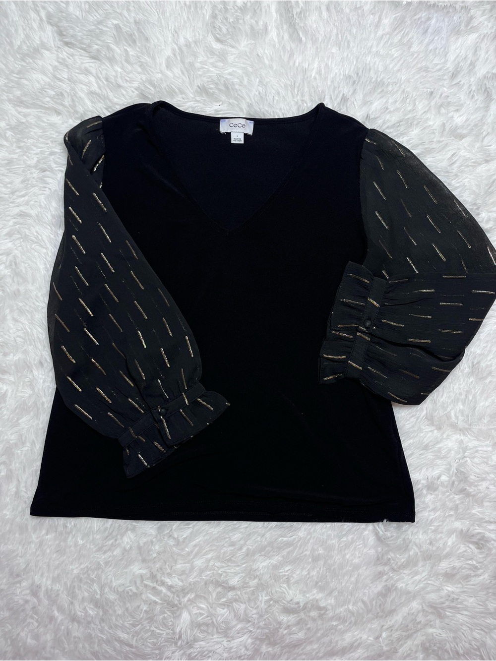 CeCe V-Neck Top with Metallic Accent Sleeves